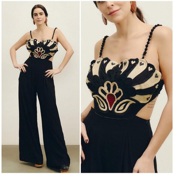FARM Rio NEW Leque De Flor Boho Embroidered Bib Strappy Back Jumpsuit RARE - Picture 1 of 16